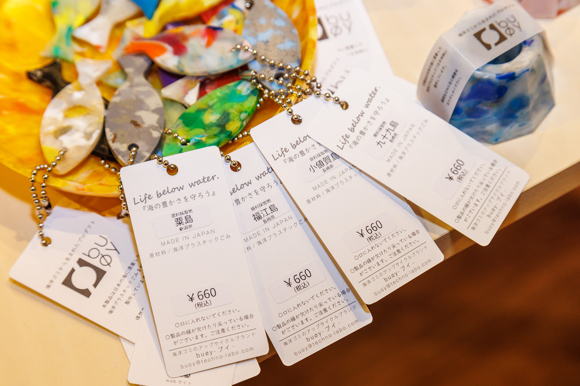 魚型のキーホルダー。産地（？）が記載されているのも面白い