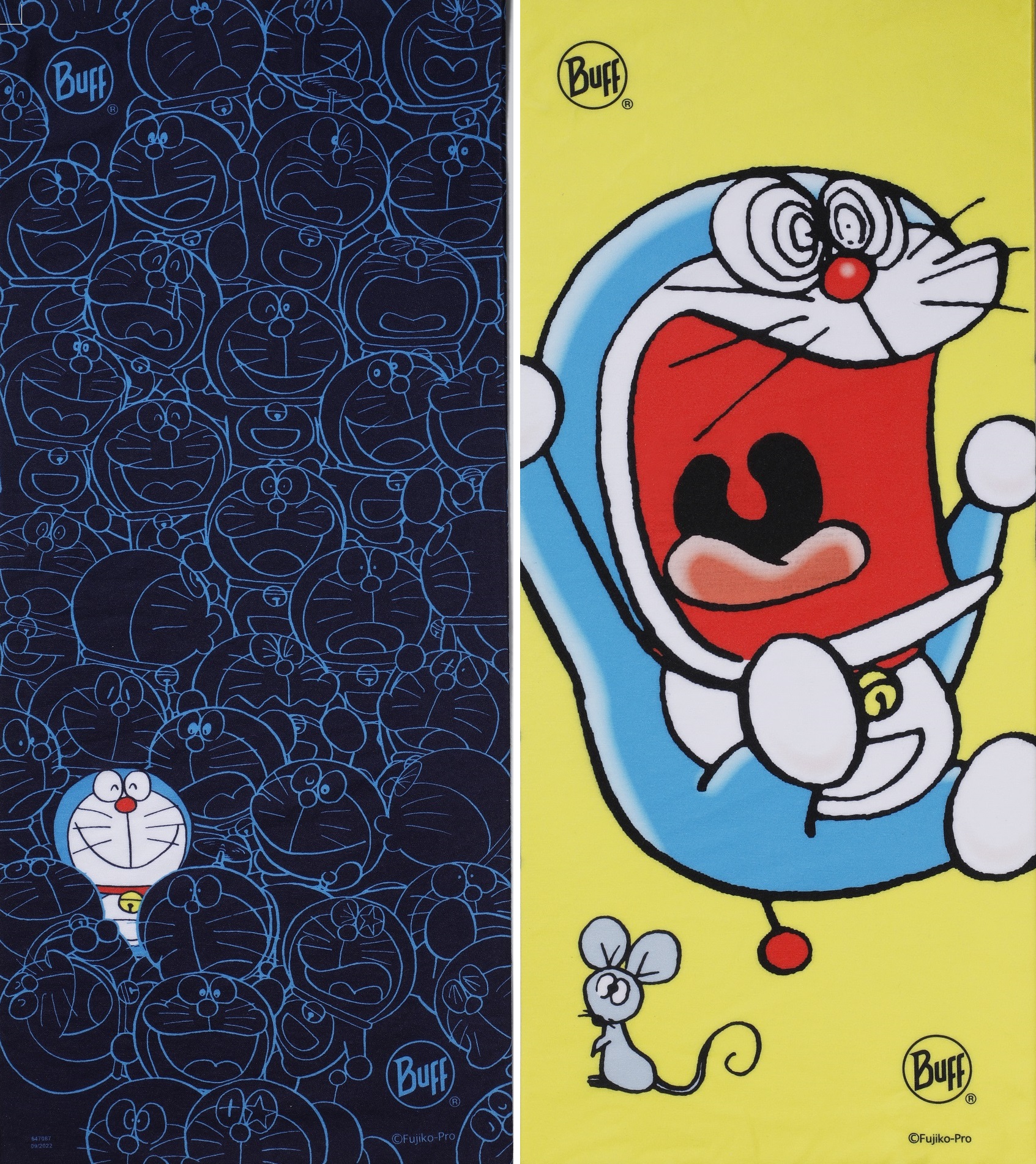 柄は天敵のねずみに驚くドラえもんと、フルカラーのドラえもんがポイントで目立つ総柄の2種類