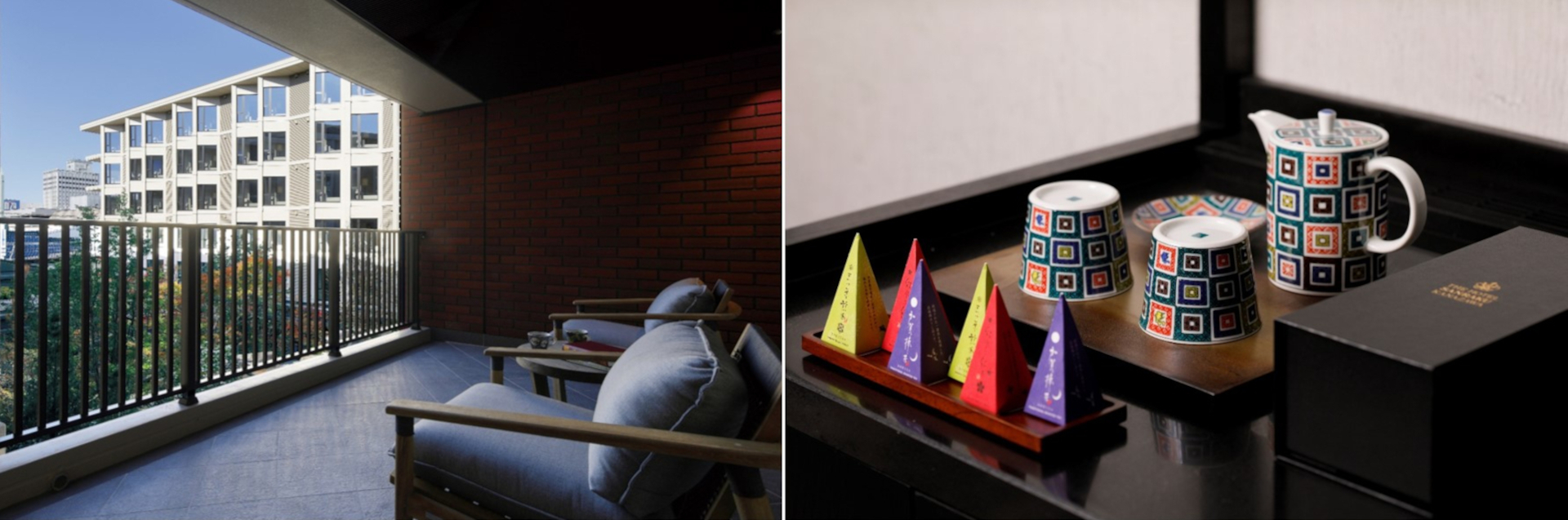 客室「クラブバルコニー」（32m<span class="em sup">2</span>＋12m<span class="em sup">2</span>）。久谷焼の茶器は全室に用意している