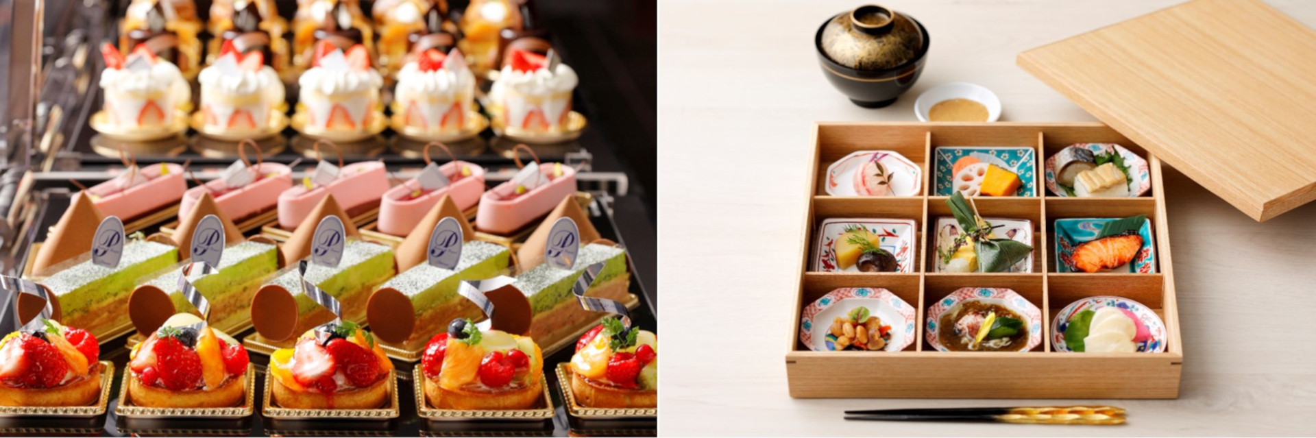 加賀梅酒を使用したケーキ、押し寿司や魚介漬けなどのアペタイザー、和朝食など、時間帯に応じてサーブする