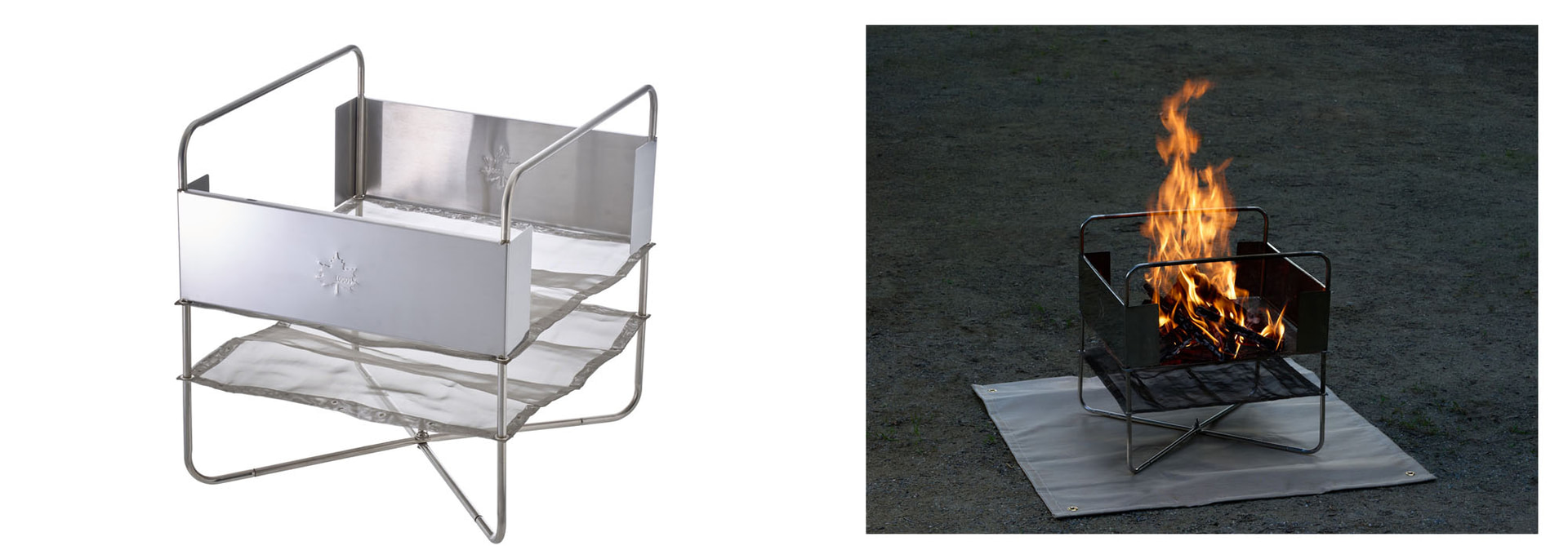 薪と灰をキャッチするステンレス繊維のメッシュ生地が火床となる