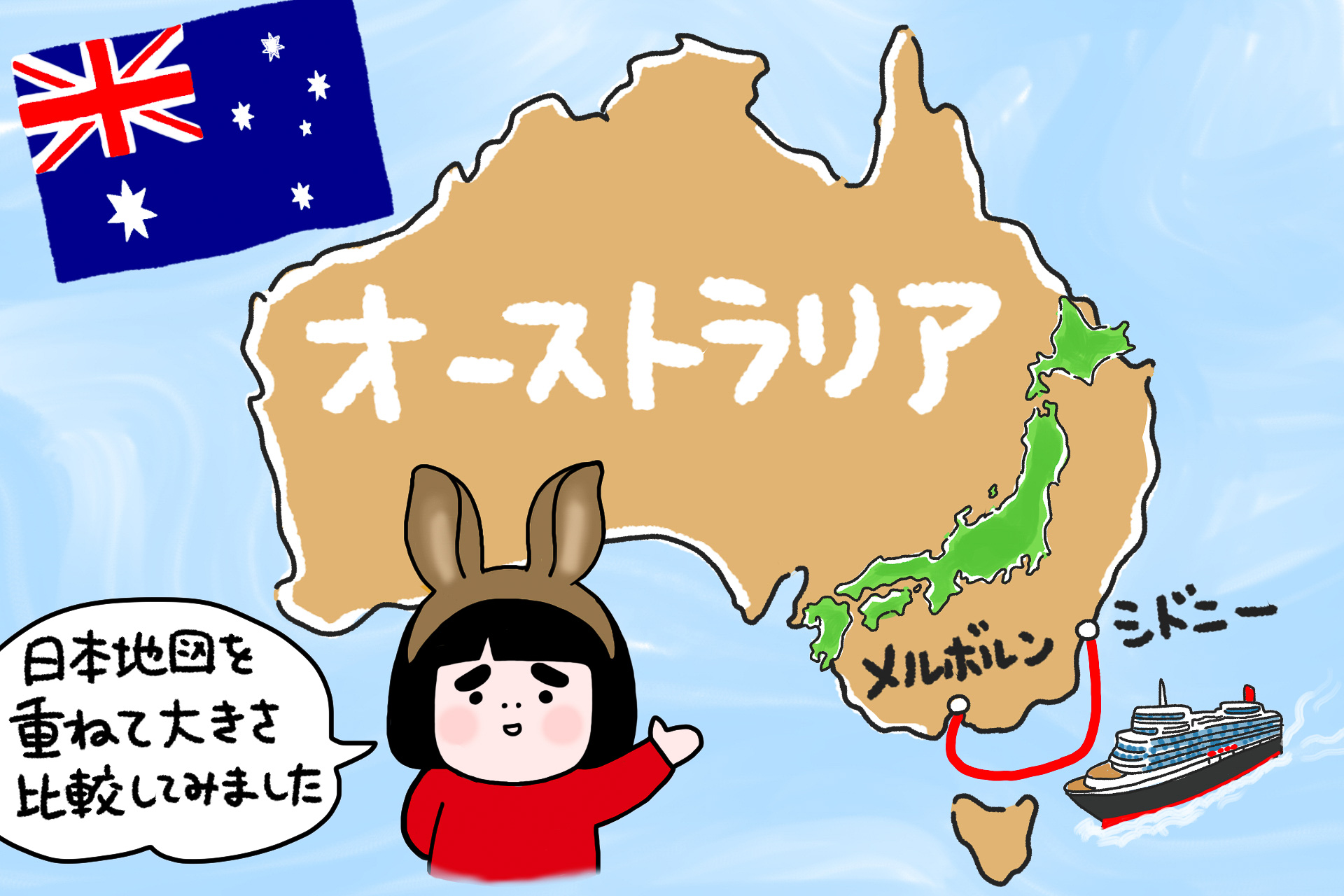 シドニー～メルボルン間は陸路だと約880km（飛行機を使うのが一般的のようですが）。東京から山口県くらいのイメージです。オーストラリアは日本の面積の約20倍！　大きいですね