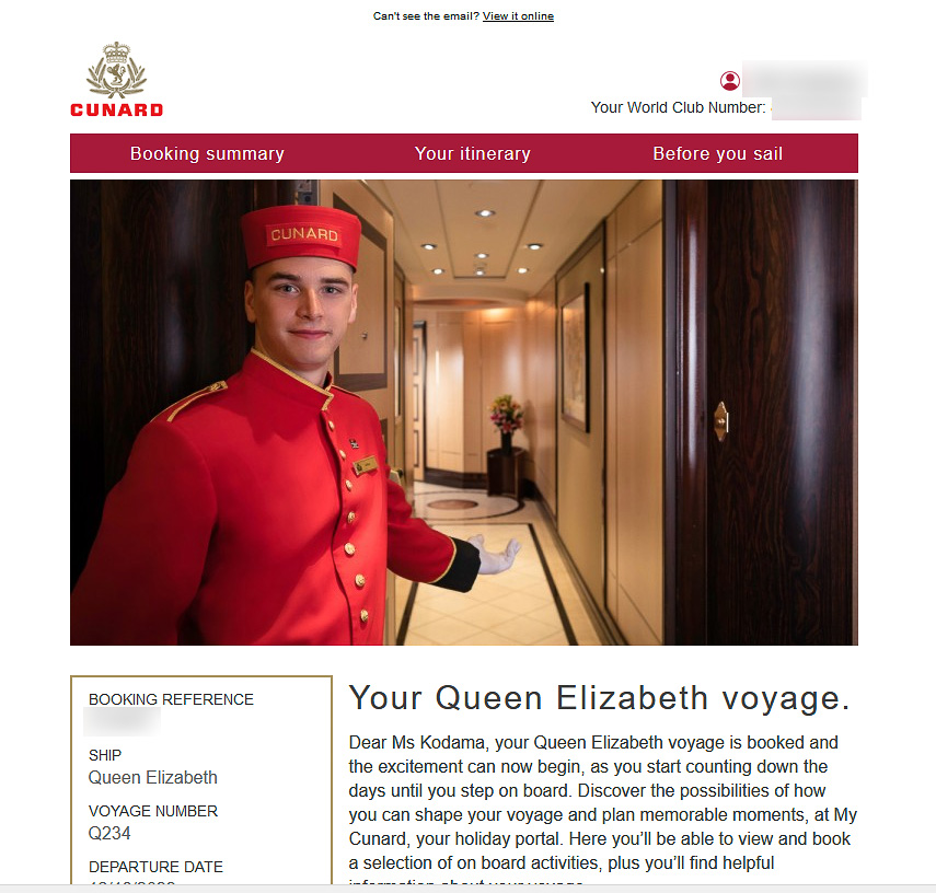 キュナードから届くメール（英語）の一部。メールのリンク先に飛ぶと、より詳しい情報が載っています