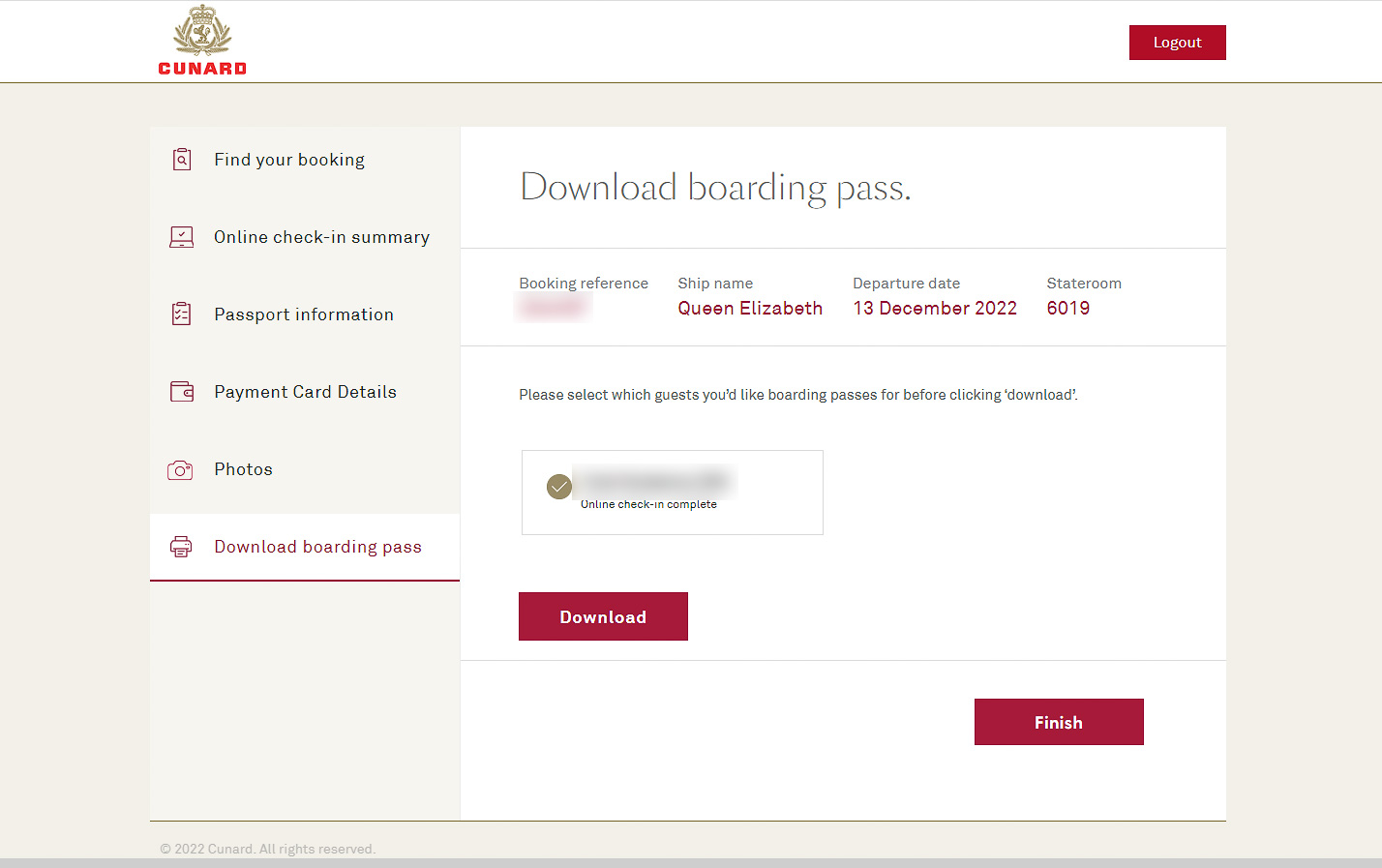 クルーズを予約済みのゲスト専用サイト「My Cunard」の画面。ログイン後、オンラインチェックインやボーディングパスをダウンロードしたりできます