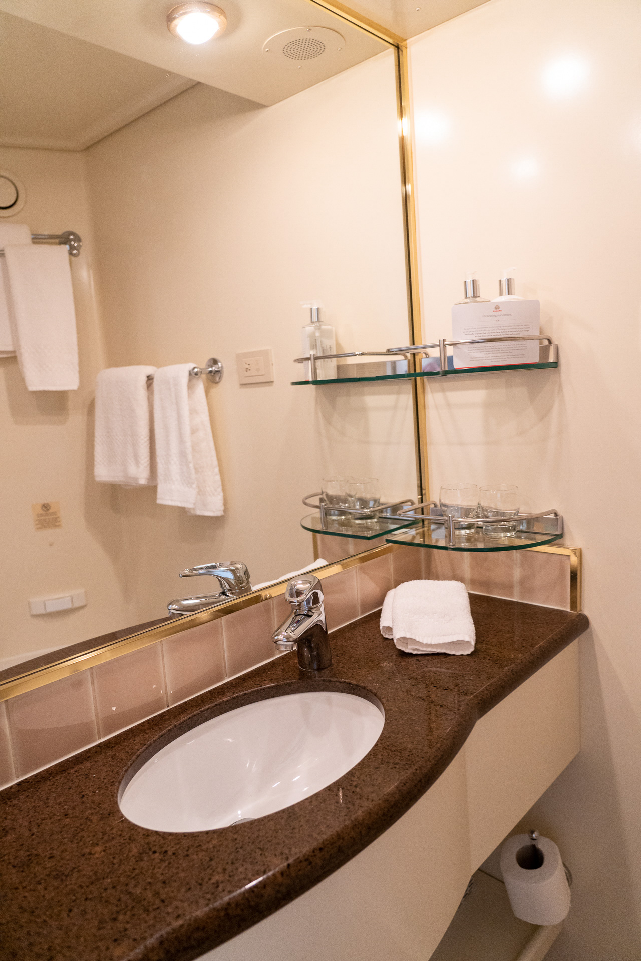 バスルームはこんな感じ。洗面台にトイレ、シャワーがコンパクトにまとまっています。上のカテゴリーにはバスタブ付きのお部屋もあります