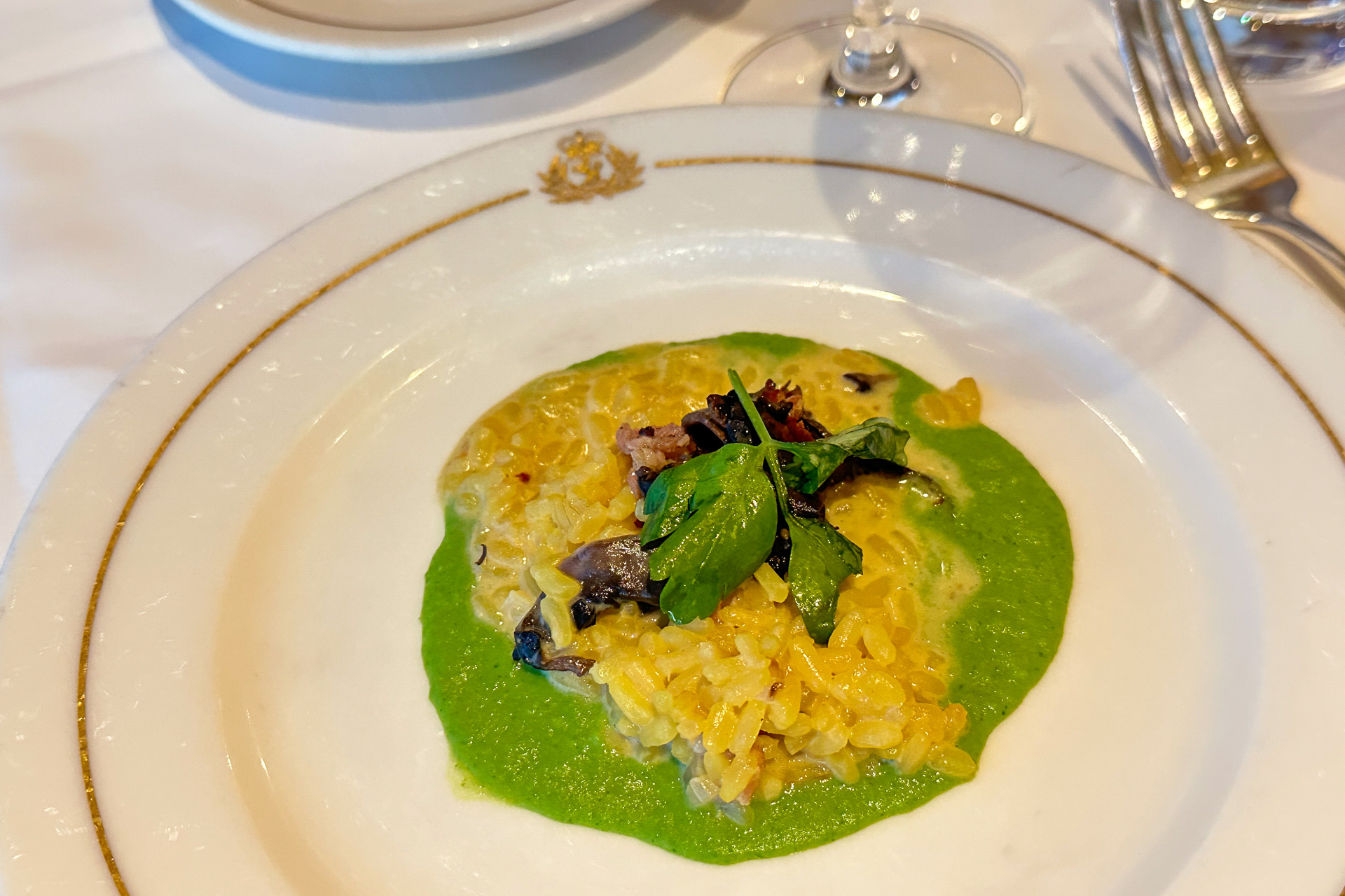 ワイルドマッシュルームのリゾット、アスパラガスのヴルーテソーススープ、牛肉のパイヤール、温製チェリークラフティタルト