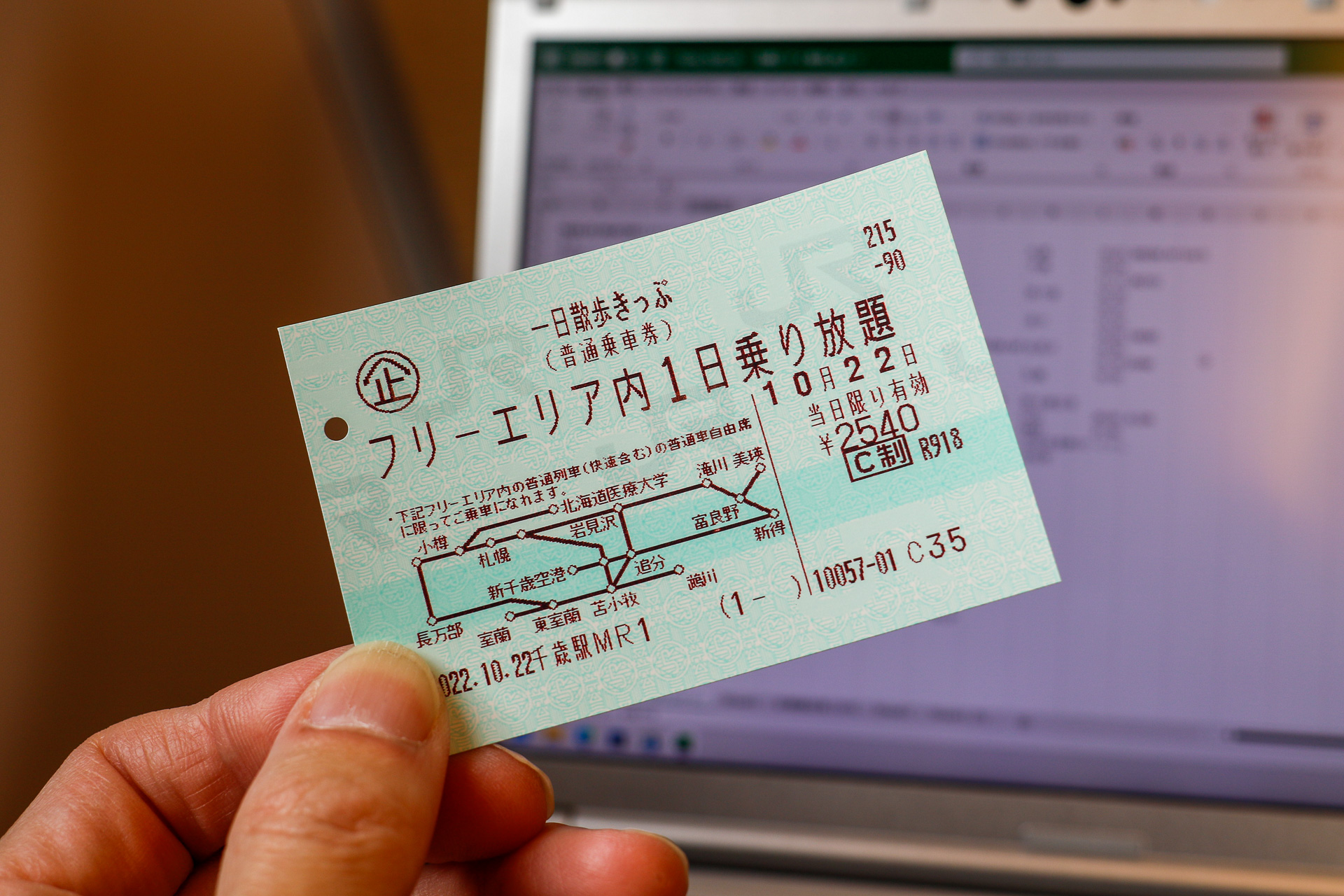 これが「一日散歩きっぷ」。エリアは券面に記載されている。普通列車限定、かつ北海道の列車本数の少なさを考えると、とうてい1日で回りきれる広さではない。