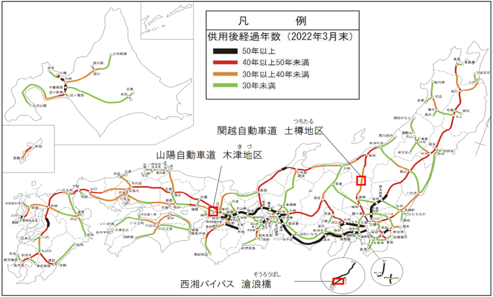 道路の長期計画 NEXCO 3社、高速道路の上下線延べ約960kmに新たな劣化認め、更新事業に