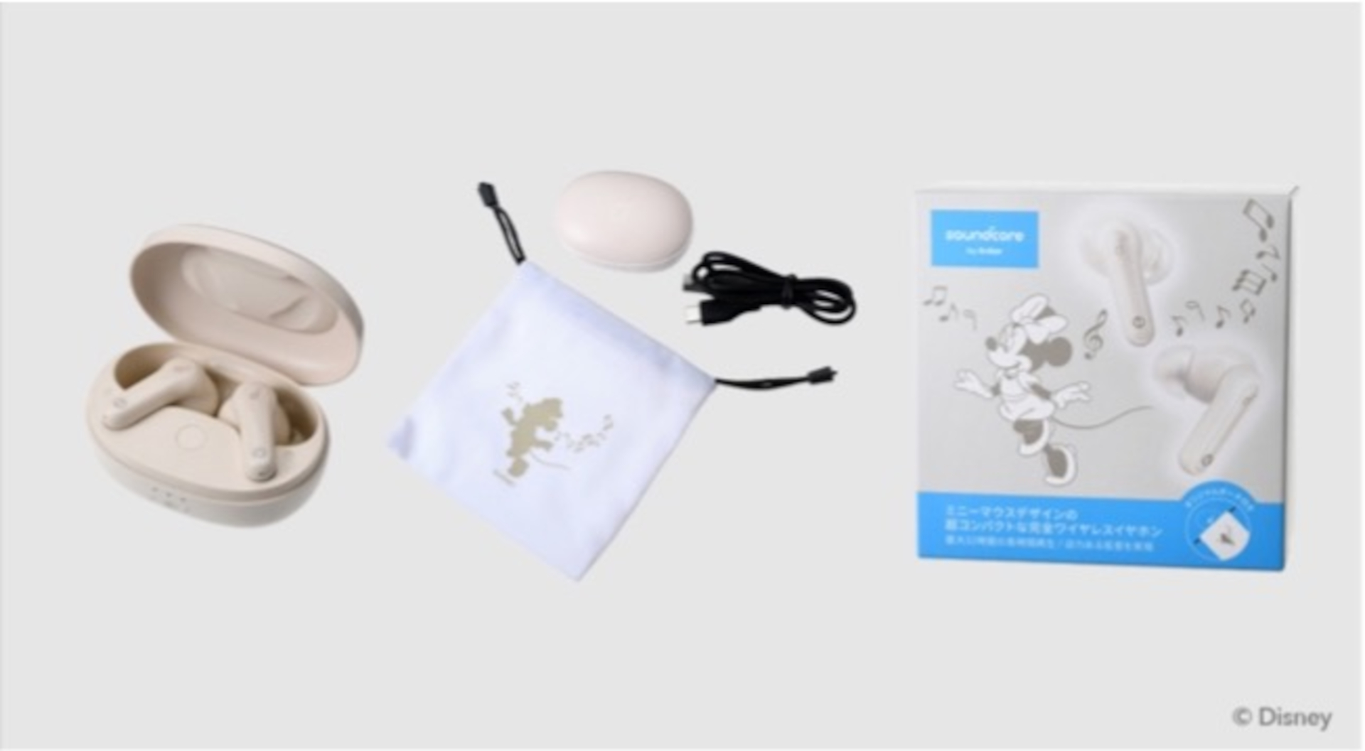 「ディズニーストア オリジナルデザイン Soundcore Life P2 Mini ミニーマウスモデル」。いずれもイヤーチップ（5種類）、USB-C＆USB-A ケーブル、クイックスタートガイド、安全マニュアル、ポーチが付属
