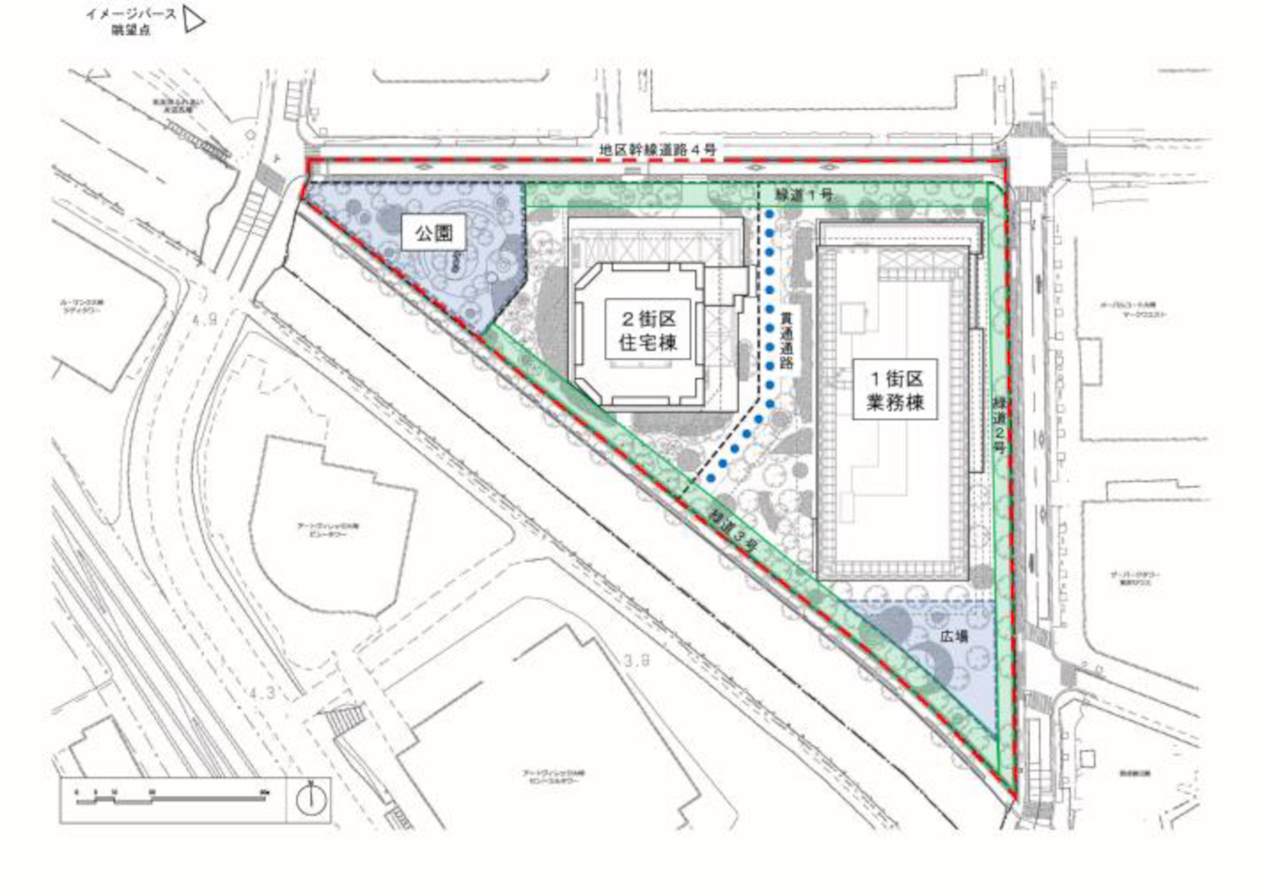 1街区（業務棟）は地上20階・地下2階。2街区（住宅棟）は地上39階・地下1階。公園は1500m<span class="em sup">2</span>