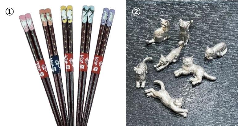 オリジナル天削ねこ箸（1320円）、錫でできた猫の箸置き（1650円）