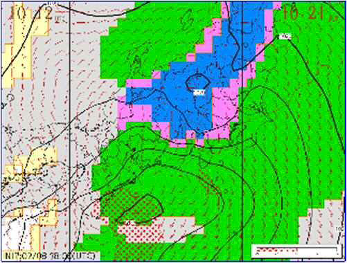 画像は10日の天気分布予想（左：10日9時、右：10日21時）で、青い部分が雪