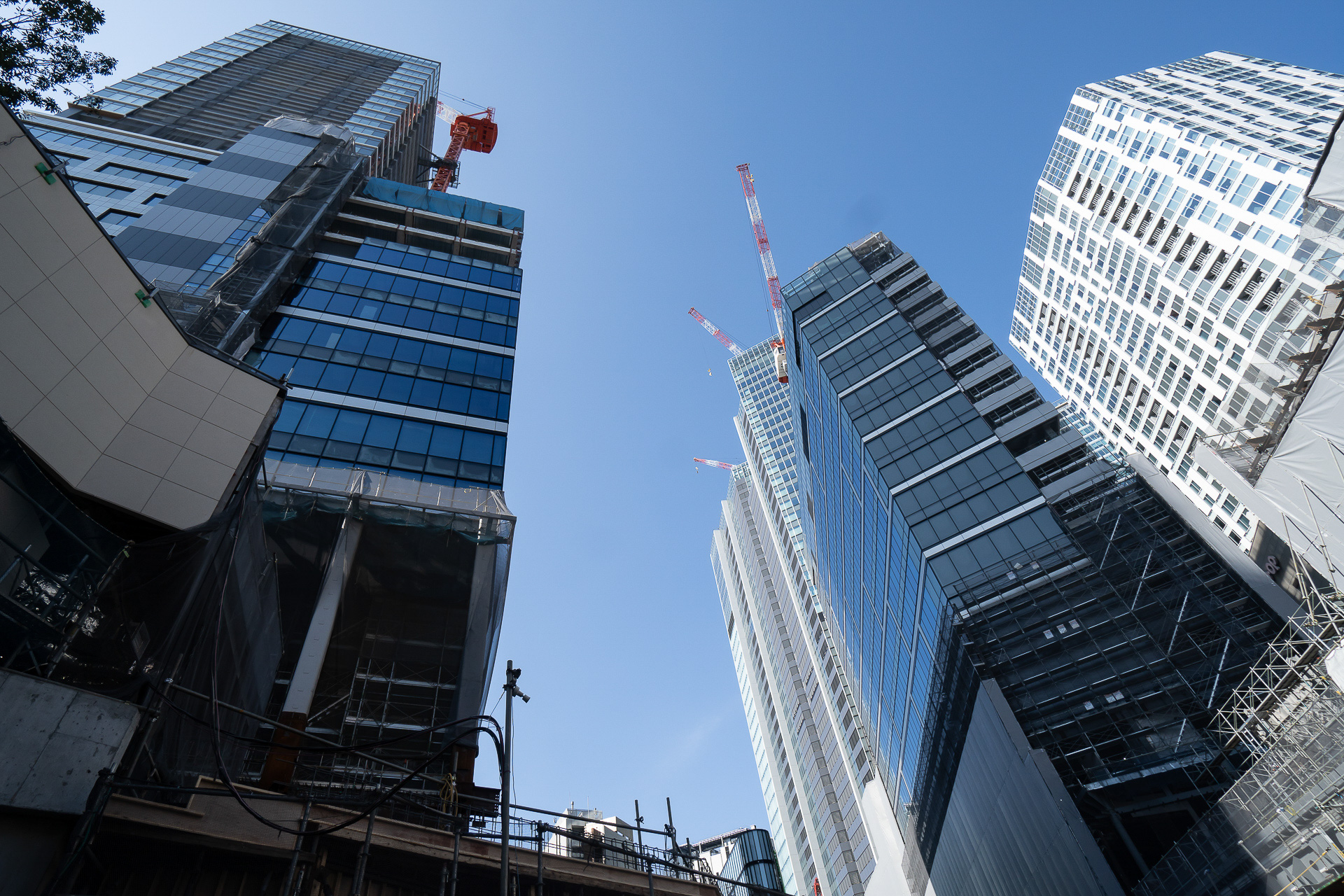 上を見上げたところ。右が渋谷ストリーム、中央が「セントラルビル」と「SHIBUYAタワー」、左が「SAKURAタワー」