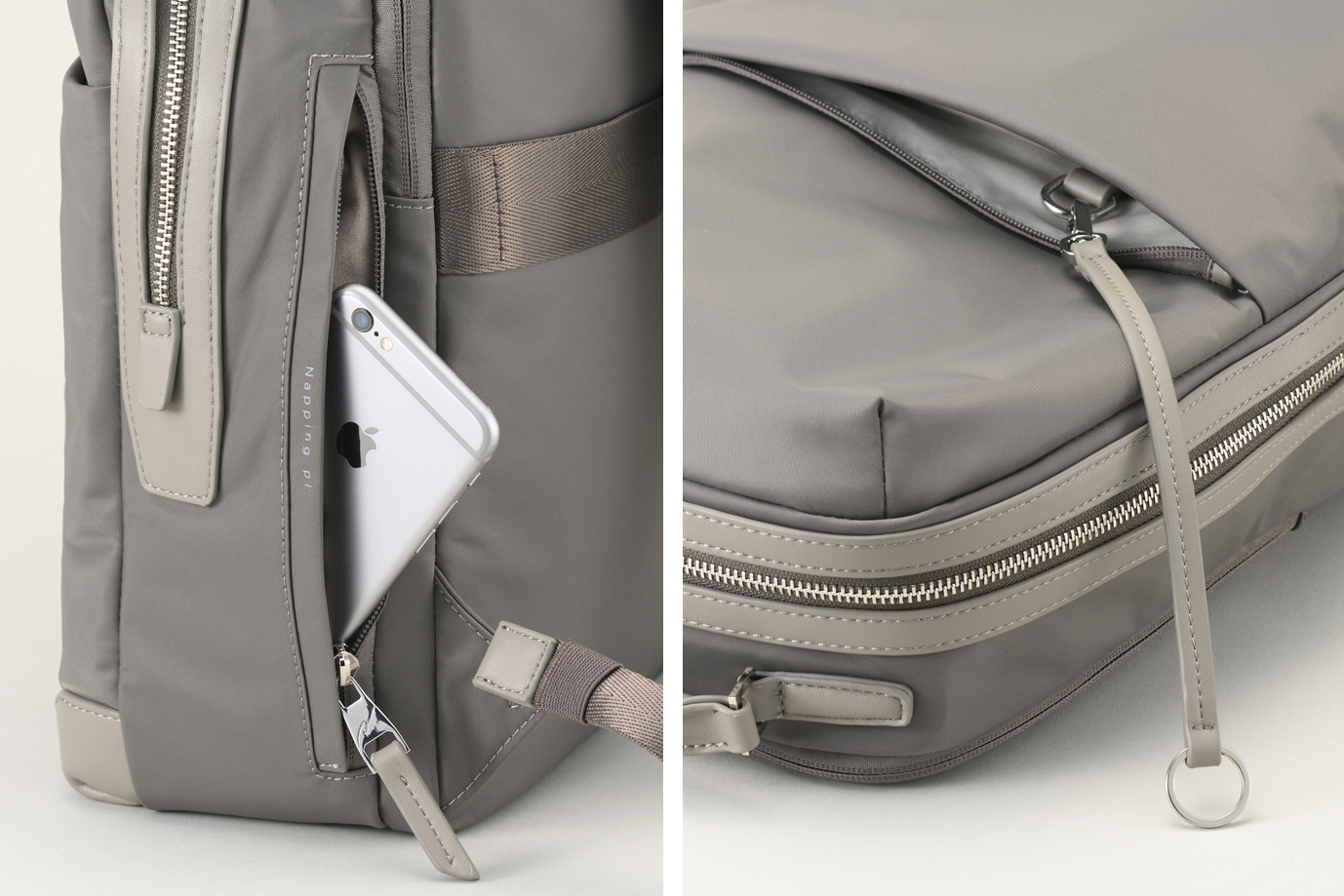 側面ポケットやポケット内のストラップを備える