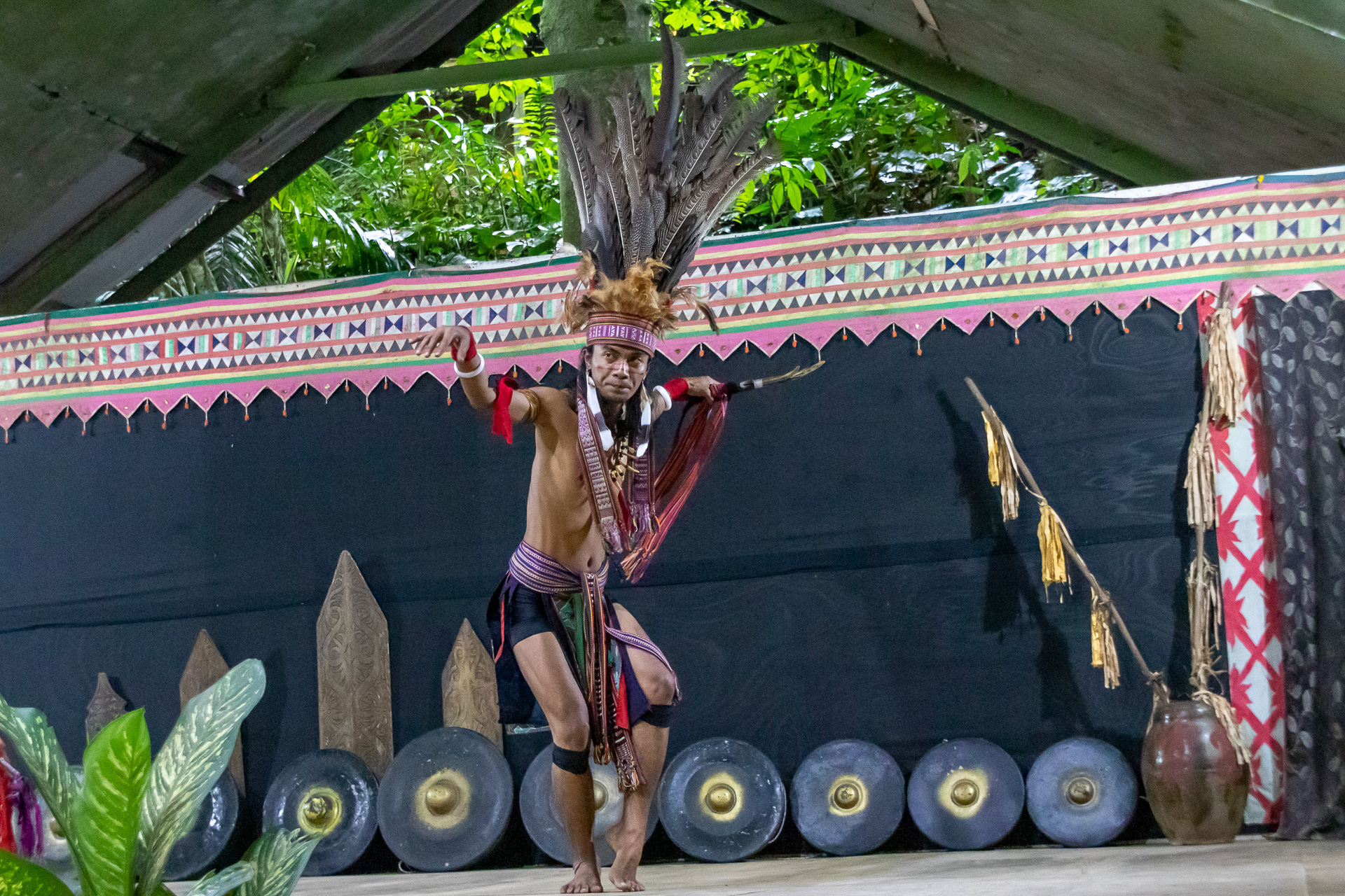 民族衣装をまとった演者が音楽に合わせて伝統舞踊やバンブーダンスを披露。最後は観客もステージに上がってバンブーダンスを体験できる。また、お気に入りの演者と記念撮影できる時間もあった