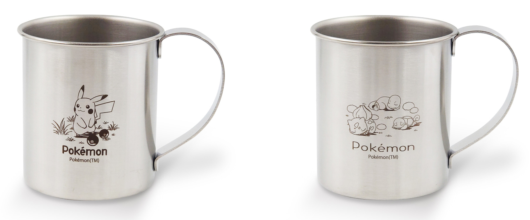 取っ手付きステンレスマグ ピカチュウ ポケモン（左）、取っ手付きステンレスマグ フシギダネ&ヒトカゲ＆ゼニガメ ポケモン（右）