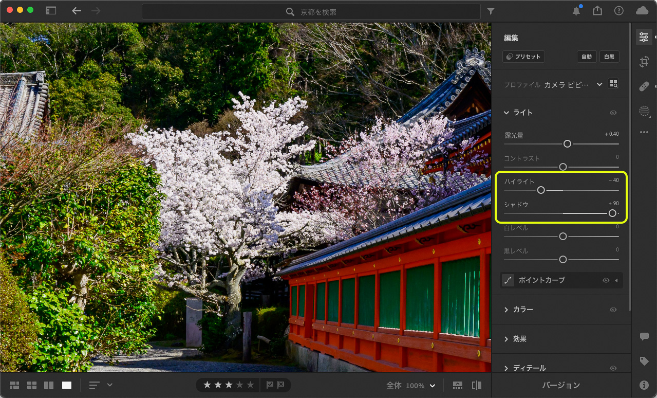 STEP1での調整に引き続き、「ライト」パネルにある「ハイライト」のスライダーを左に動かして暗くする。少し拡大表示しておくと調整による変化が分かりやすく、調整の加減がしやすいだろう。その場合、調整後に全体表示にして写真全体の明るさのバランスを確認することも忘れずに