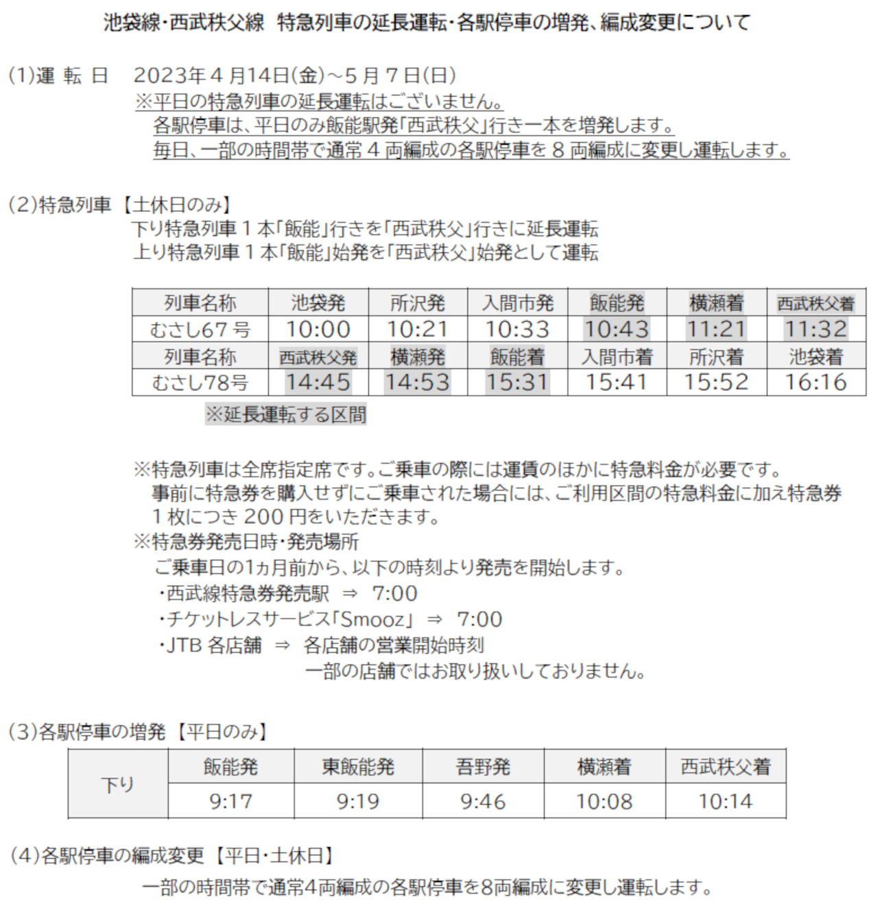 2023年4月14日～5月7日の編成変更・増発・延長運転について