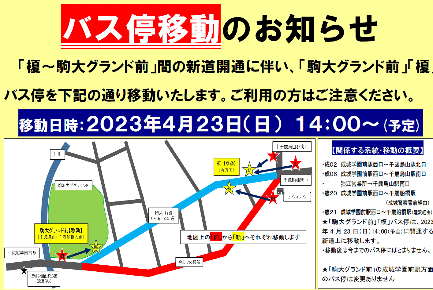 榎～駒大グランド前間のバス停移設の告知（画像：小田急バス）