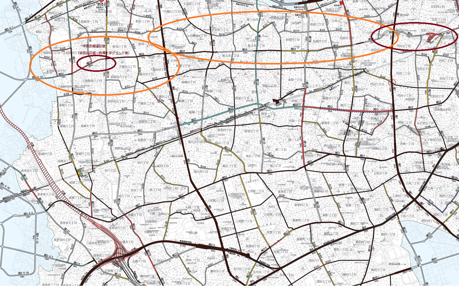 補助54号線の2021年現在の完成図。黒は開通済み。黄色・白は未開通（世田谷区道路網に筆者加筆）