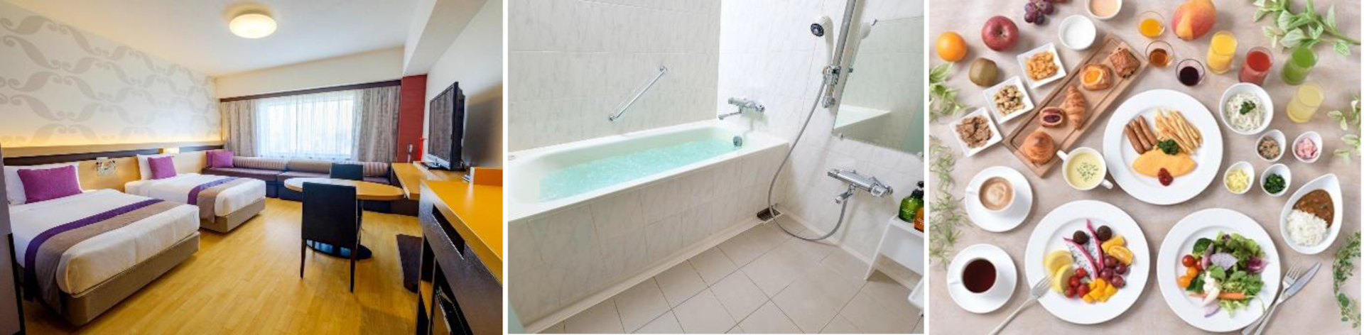 客室は広々としたバブルバス付き「イーストウィングファミリー（37m<span class="em sup">2</span>）」。朝食は約60種類のメニューが並ぶブッフェ