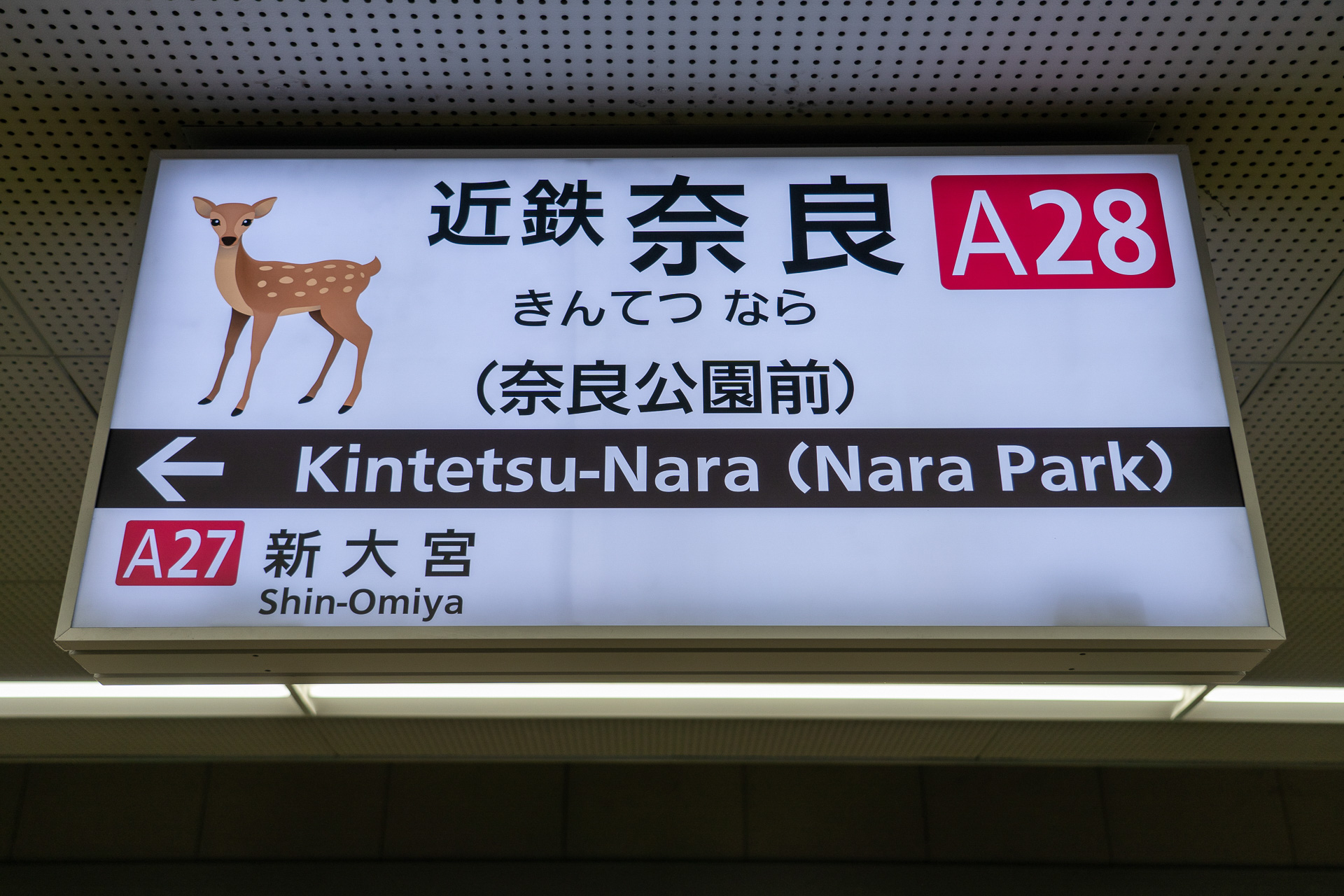「奈良公園前」という副駅名と子鹿イラストが入ったこの駅名標は最近新しくなったのだそう