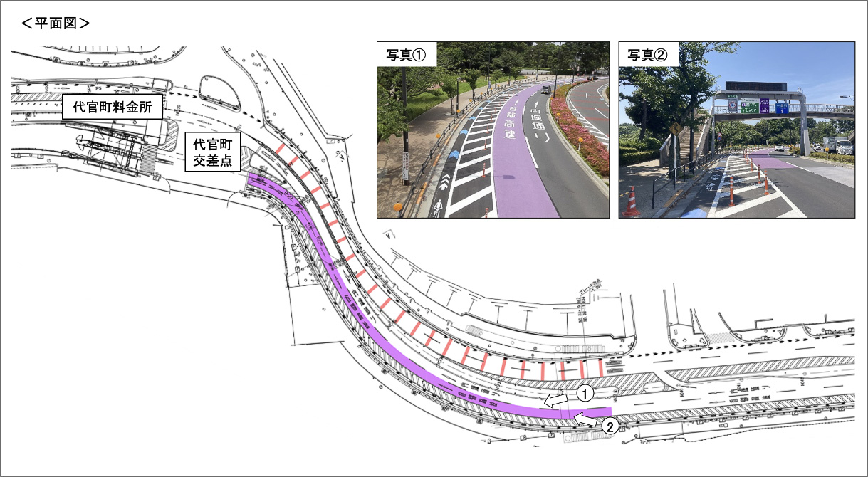代官町入口の例。紫の着色でETC専用であることを示している