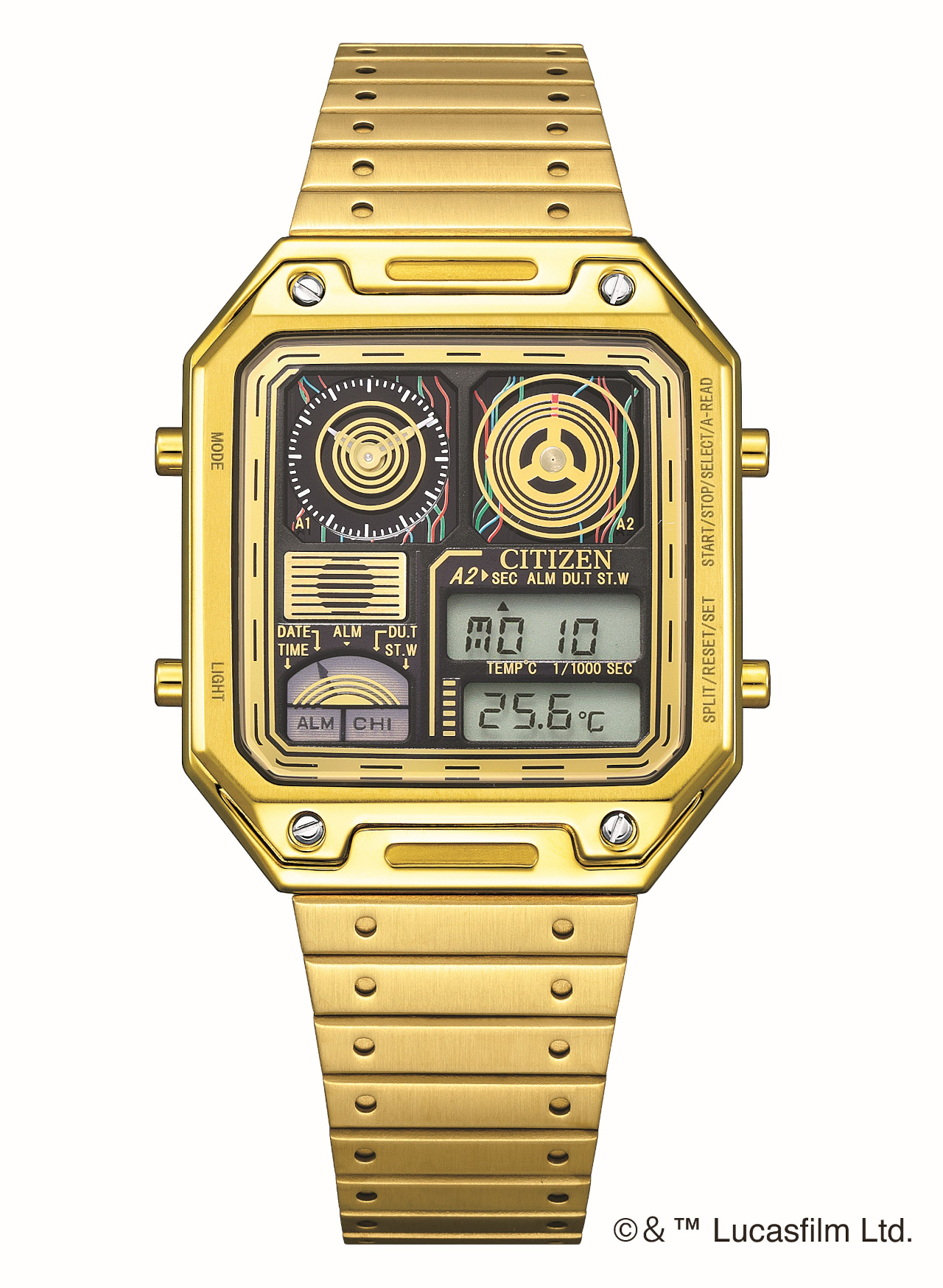 C-3POをイメージした「JG2123-59E」（限定300本）。特徴的なゴールドのカラーリングを基調に、アナログ表示部分には胴体の配線もデザイン