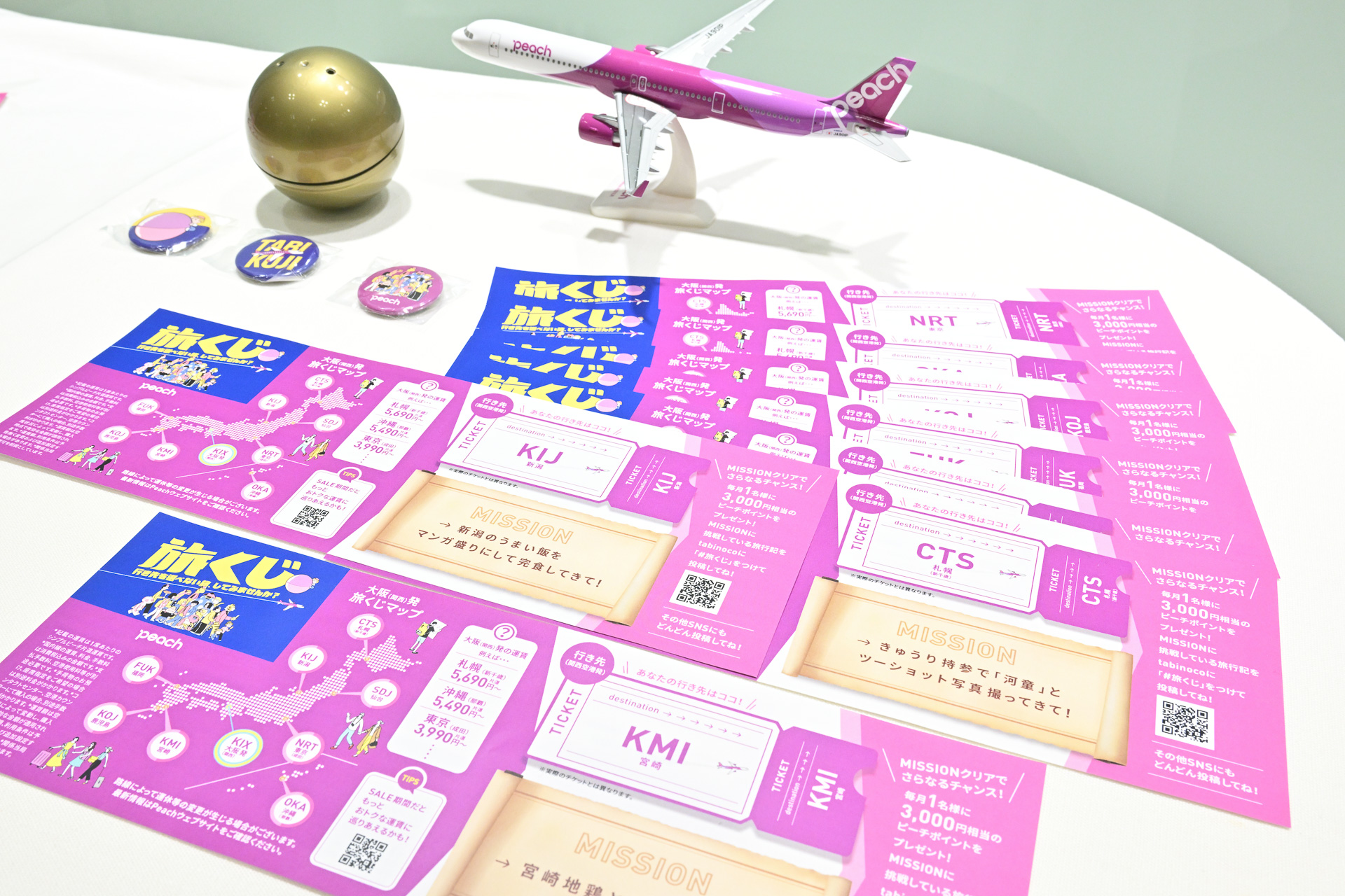 金のカプセルには「食くじ」に加えおなじみの「旅くじ」も封入。「食くじ」と同じ行き先の航空券購入にのみ利用できる6000円分のピーチポイント交換コードが入っている