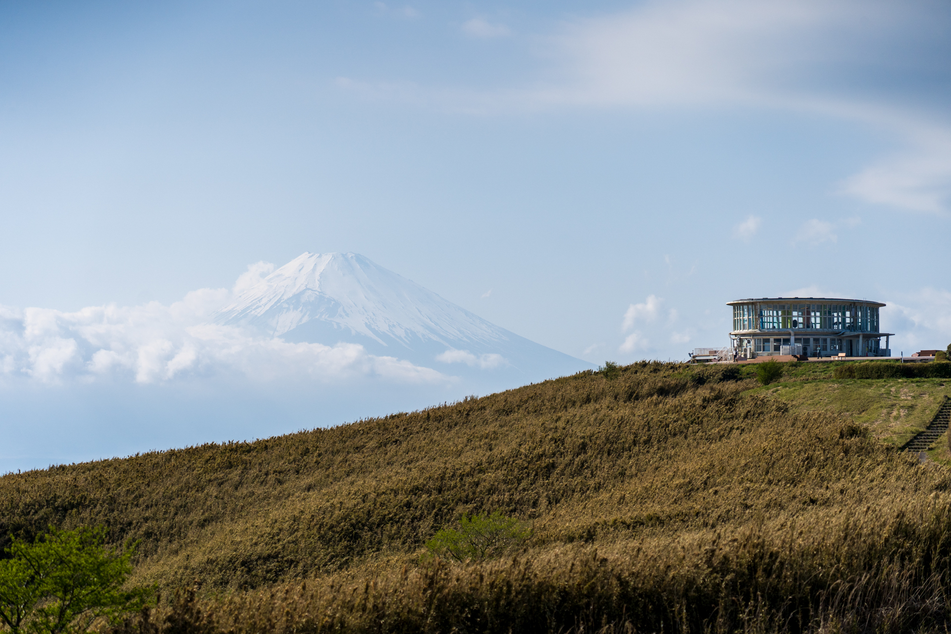 コテージエリアから見る富士山。右の建物はケーブルカーの十国峠 山頂駅