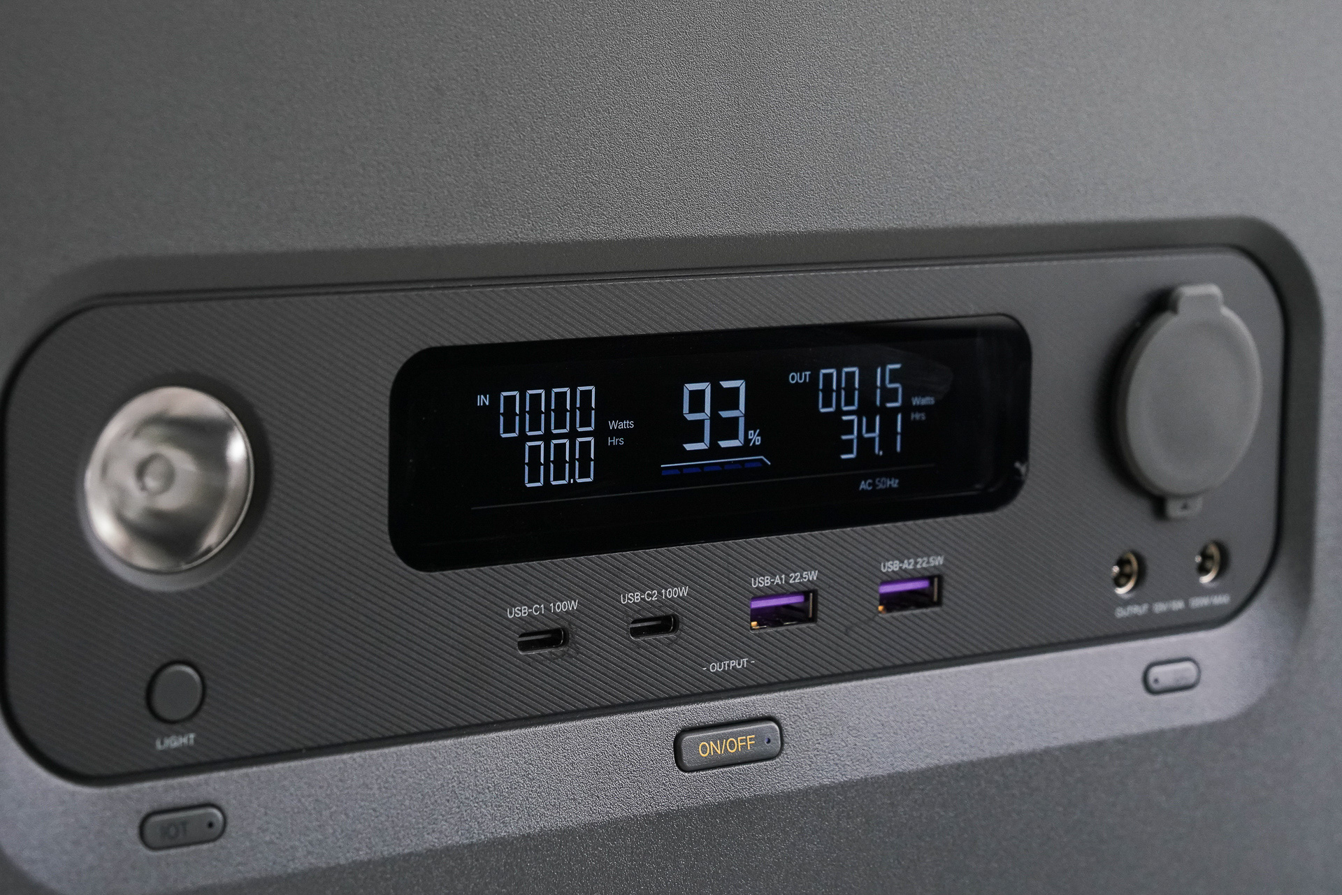 USB Type-C×2とUSB－A×2。USB Type-Cは100Wまで対応。シガーソケットやDC5521×2の出力もある