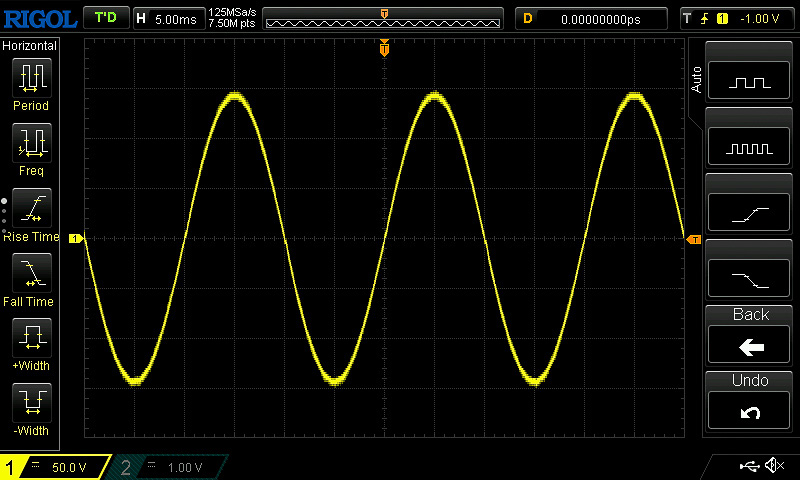 PowerRoam 1200のAC100V出力の波形。きれいな正弦波だ