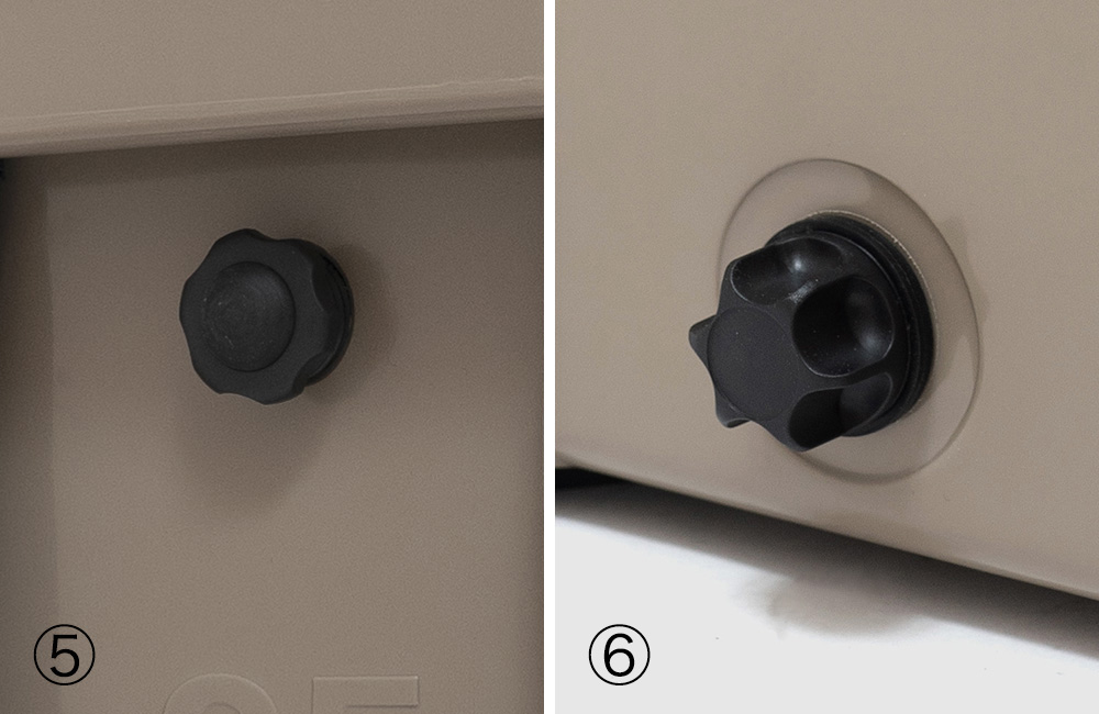 空気圧開放ボタンと本体サイド下に排水口を装備