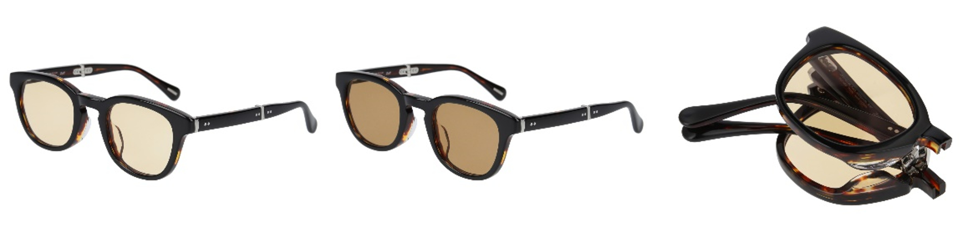 ウェリントン型の「ZF231G16」はブラック/ブラック（べっ甲）/ブラック（グラデ）の3色展開。折り畳み機能がつく