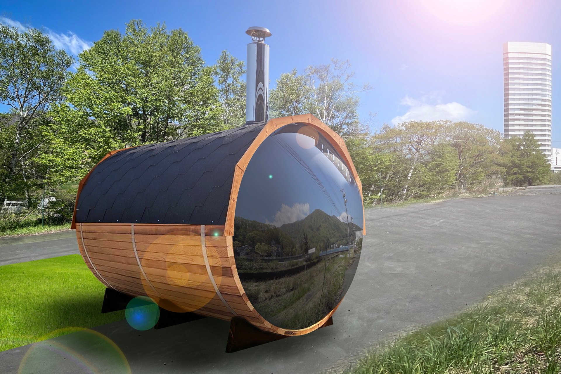 大自然のなかで貸切サウナを体験できる新設「苗場サウナフィールド」。左はテントサウナ、右はバレルサウナ