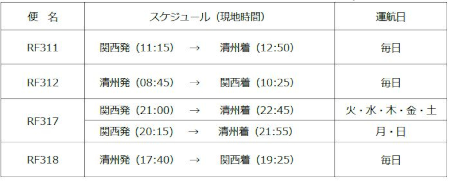 エアロK航空 関空～清州線 運航スケジュール（2023年7月6日～）