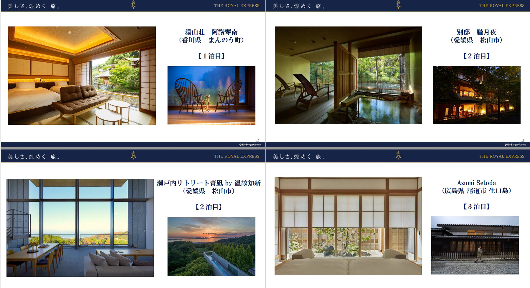 「THE ROYAL EXPRESS」は寝台車ではないから、現地の宿泊施設を利用する。これもアピールポイントの1つとして、各地の「名宿」が選ばれた。なお、2泊目は場所の選択が可能となっている