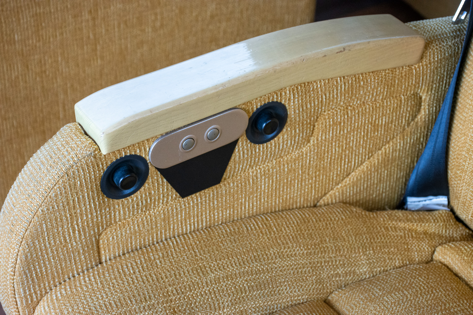 左右の黒いボタンはリクライニングとレッグレスト。中央は電動ゆりかごのボタン