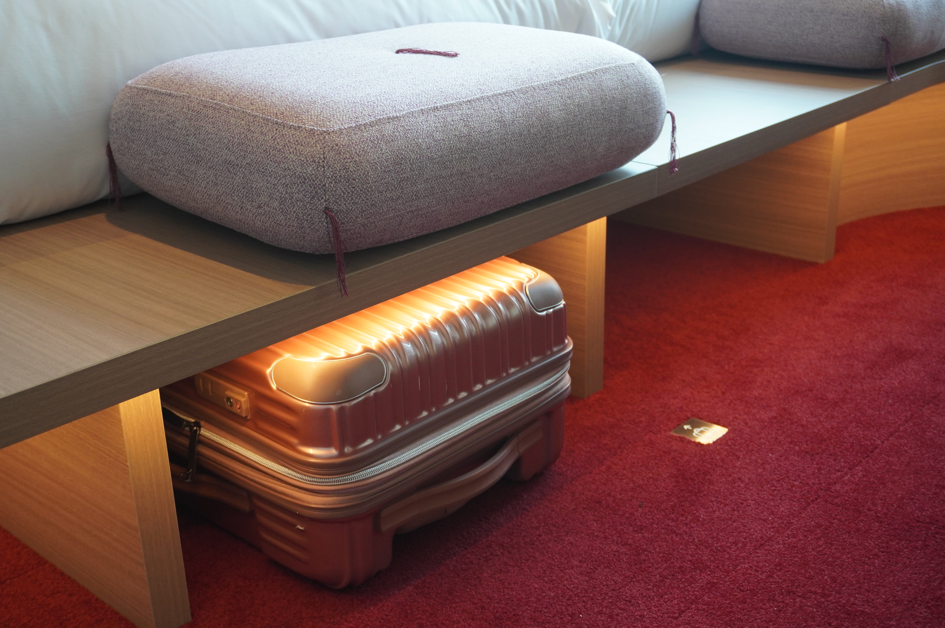 寄席をイメージした赤い絨毯や高座のような座布団など遊び心ある設え。目の前に東京スカイツリーもそびえる