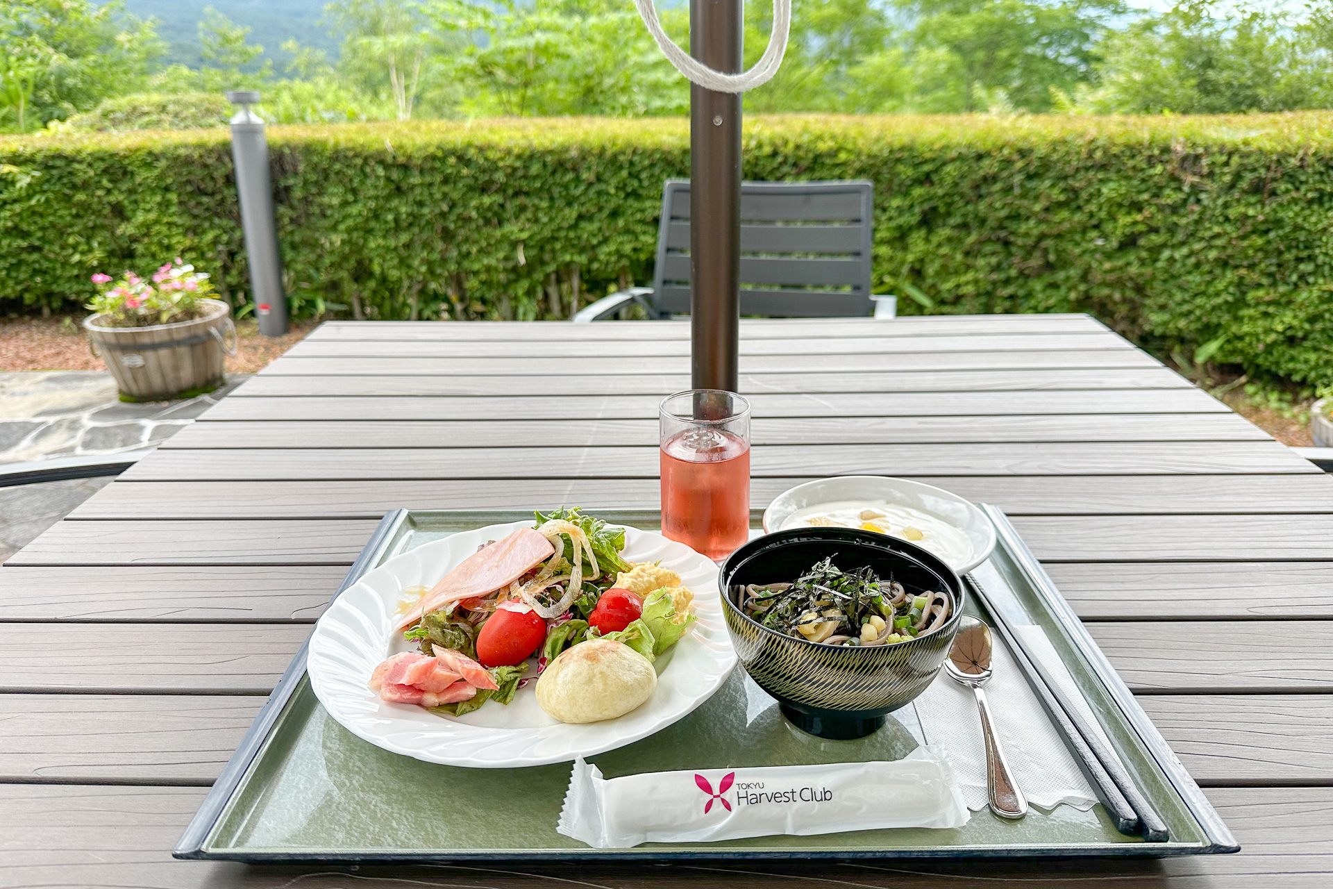 新鮮野菜のサラダ、お蕎麦とおやきという信州の名物をチョイス
