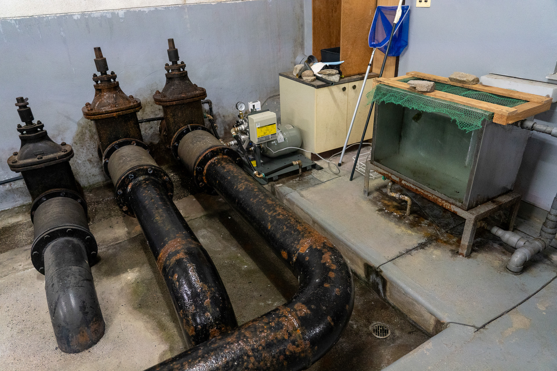 水質管理施設を見学。タウン内の水はpH7.4と身体との相性がよく吸収率が高い軟水