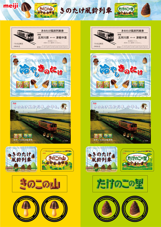 津軽鉄道、きのこの山・たけのこの里コラボ列車を今年も運行。お菓子