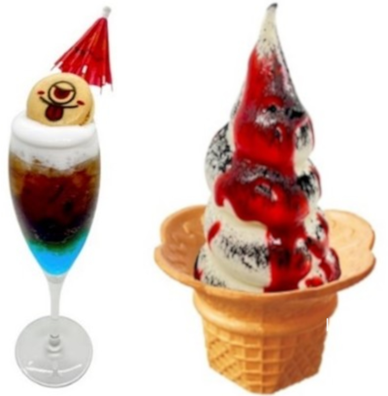 からかさ小僧のいたずらドリンク（600円）と閻魔様のどろどろソフトクリーム（750円）