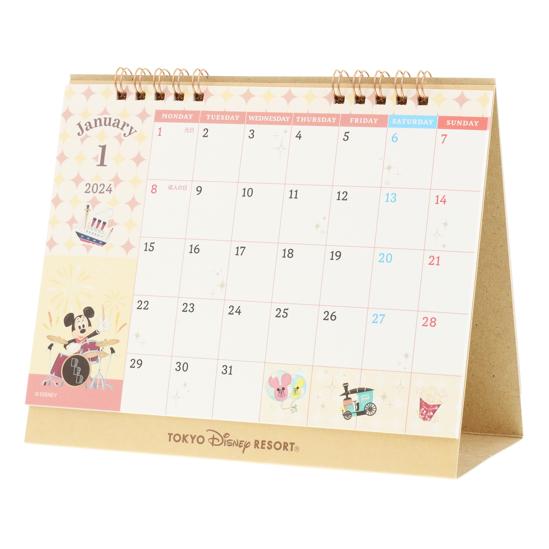 1月は「ビッグバンドビート」でドラムを叩くミッキーマウスのデザイン