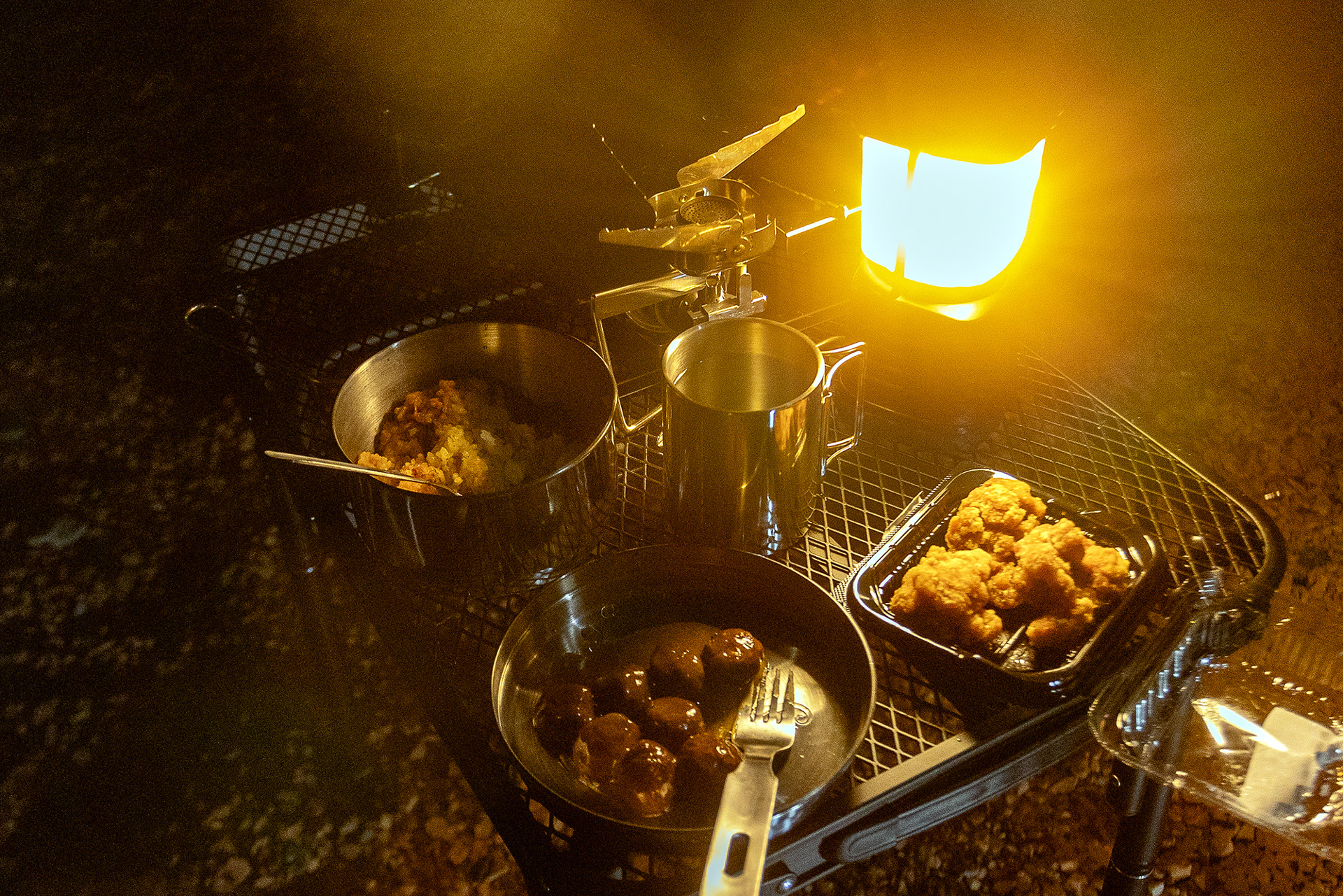 いつもどおりのレトルト＆お惣菜だが、アウトドアで食べるとそれなりに楽しい