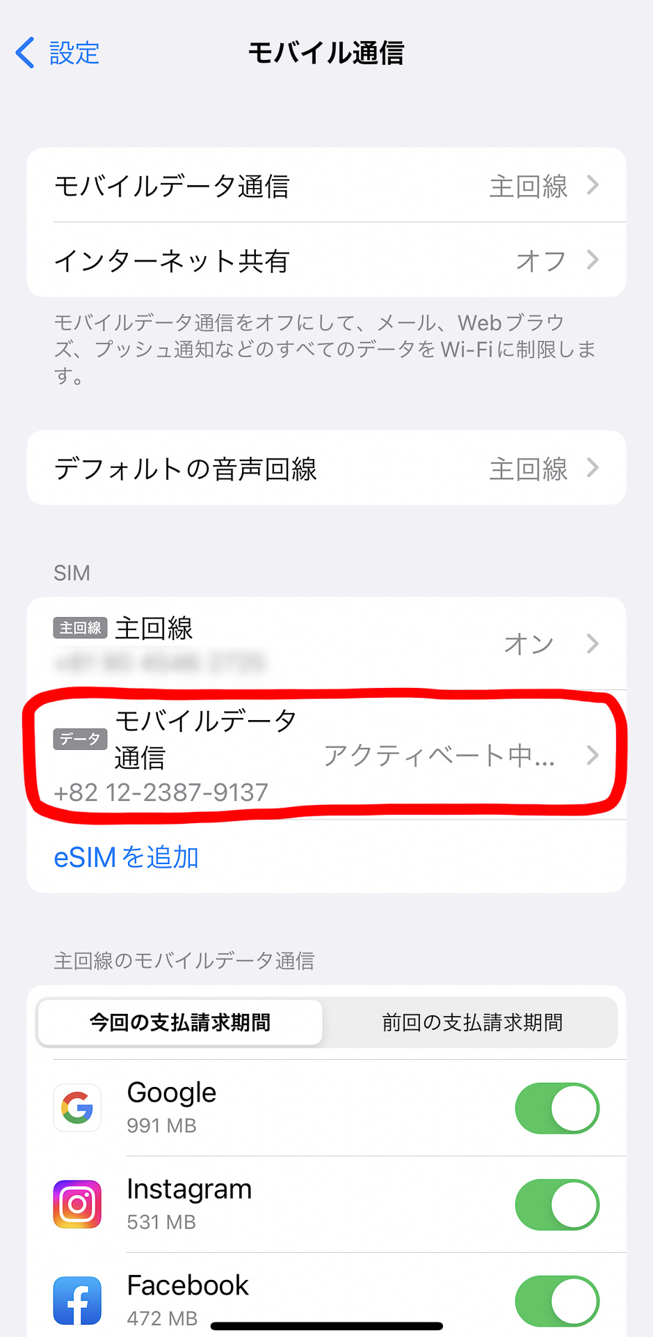 副回線（この端末ではモバイルデータ通信と表示）が「アクティベート中」になっていれば設定完了