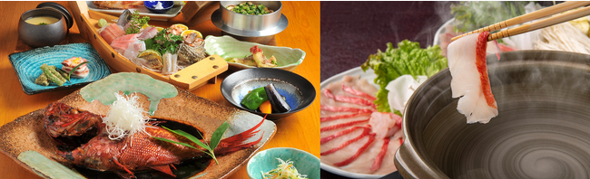 1位「伊豆・伊東 金目鯛の宿 こころね」の夕食。全11品の料理コースでは、メインに金目鯛の煮付け（もしくはしゃぶしゃぶ）、刺身の舟盛や炊き込みご飯も楽しめる