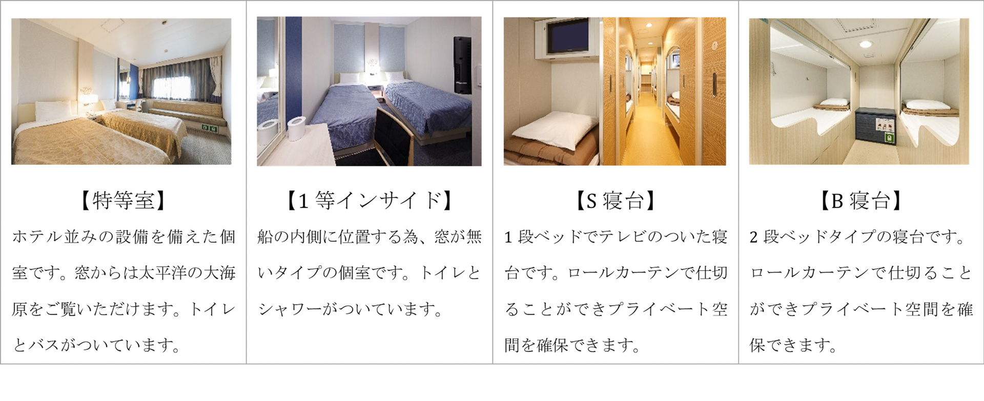 セミスイート、特等（洋室または和室）、1等インサイド、S寝台、B寝台をランダム封入