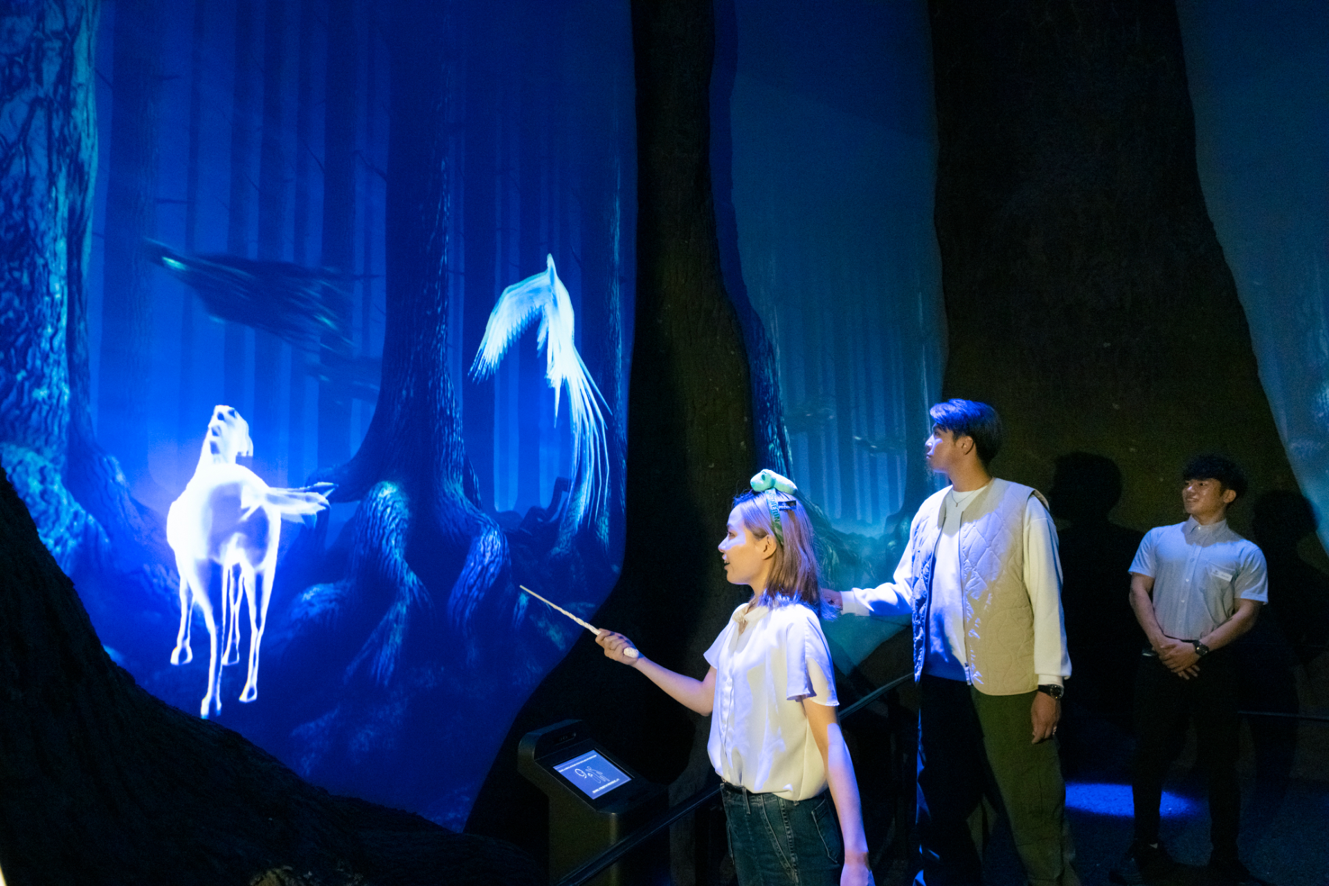 光る守護霊を呼び出す“エクスペクト・パトローナム”の呪文を唱え、ディメンターを撃退（写真提供：スタジオツアー東京）