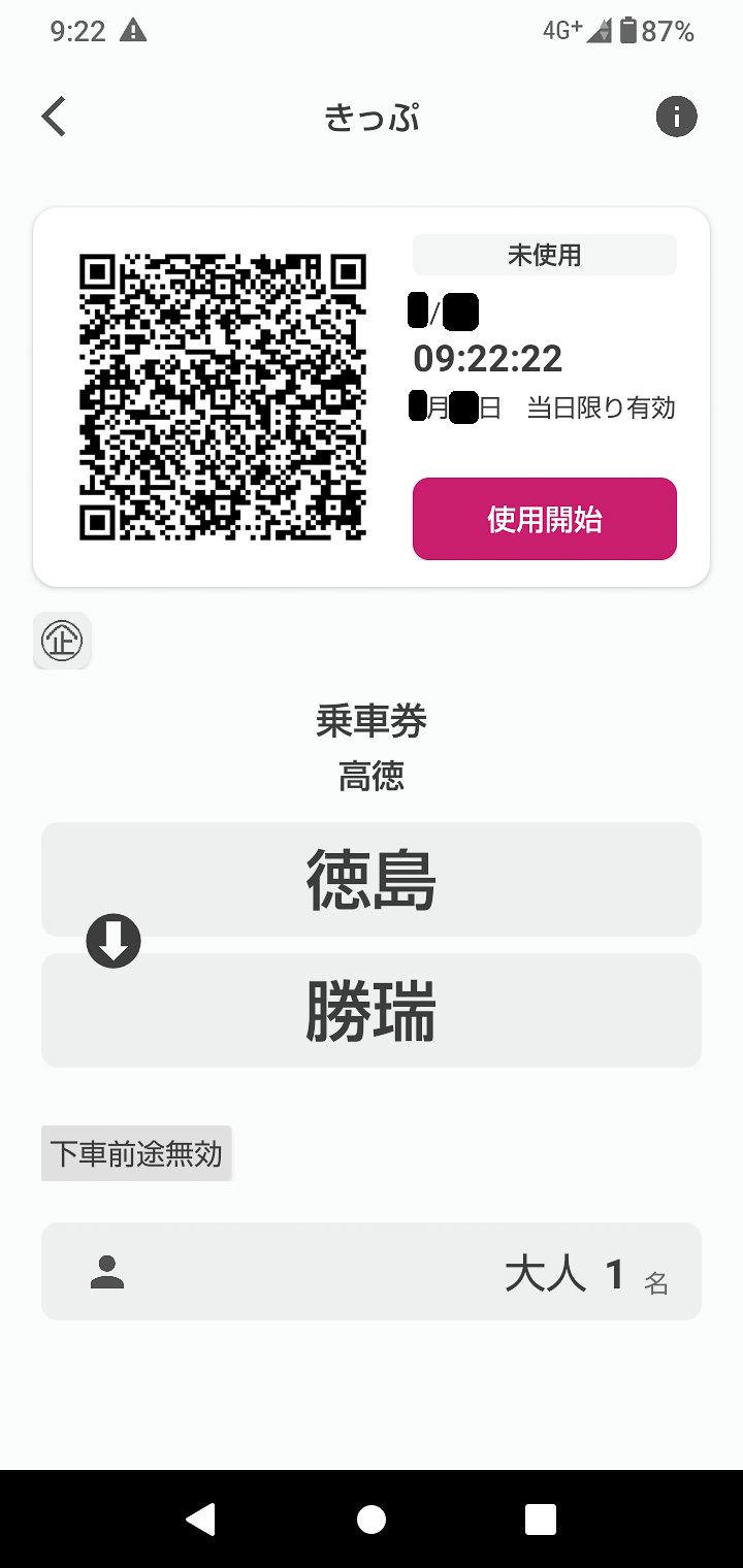 使用開始前の乗車券。「使用開始」をタップするところはほかの券種と同じ